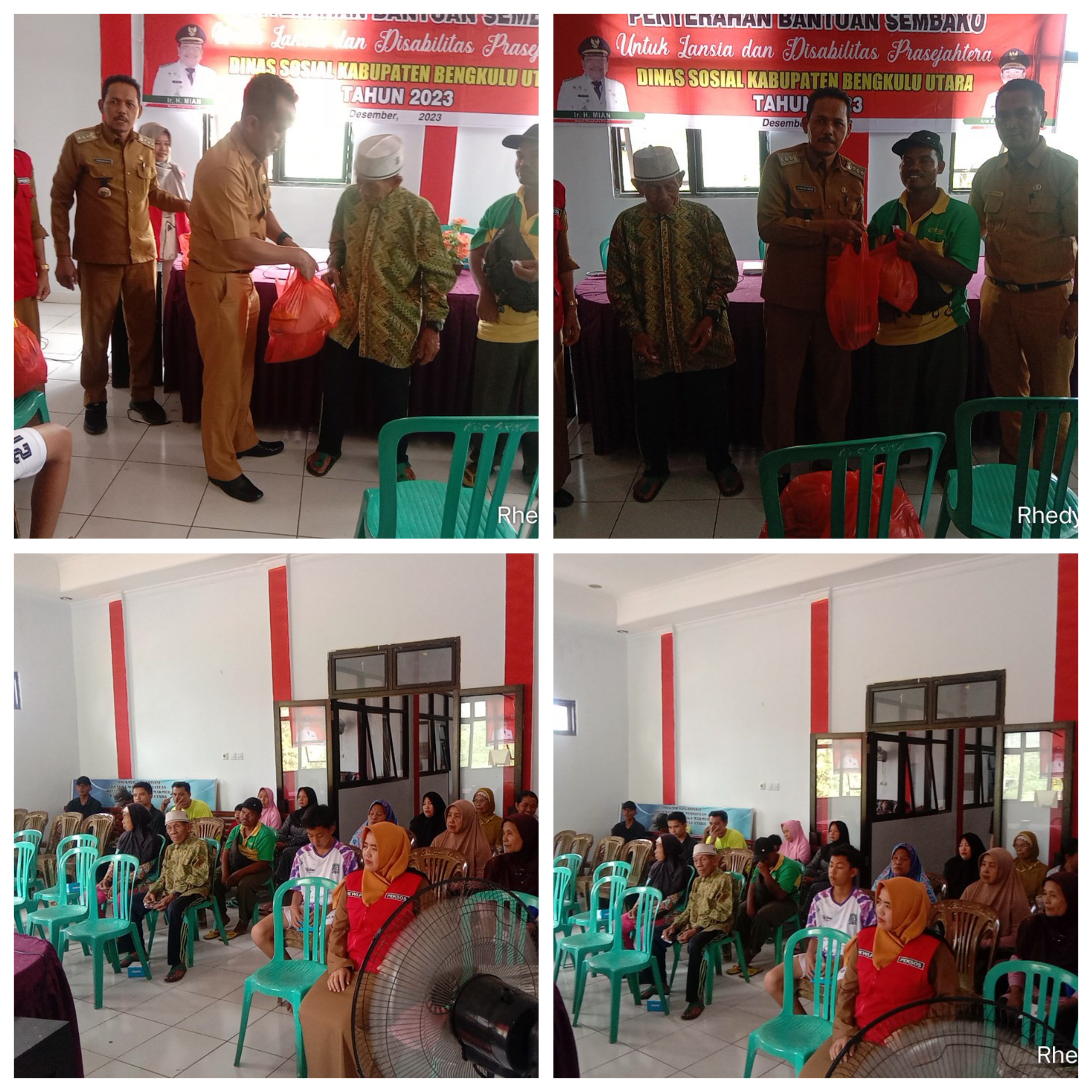 Pembagian sembako dari Pemkab Bu melalui dinas sosial di aula kantor camat kota Arga makmur BU.