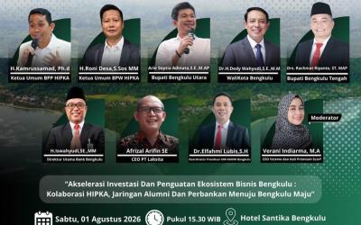 Forum Bisnis dan Pelantikan Pengurus Badan Pengurus Wilayah (BPW) HIPKA Bengkulu. Acara ini dijadwalkan berlangsung pada Sabtu, 1 Agustus 2026, di Hotel Santika Bengkulu.