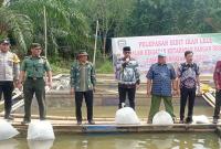  Asisten Perekonomian dan Pembangunan Setda Kabupaten Seluma, Almedian Saleh, melepas bibit ikan lele di keramba apung Desa Lawang Agung, Kecamatan Air Periukan, Kamis (1/8/2024).